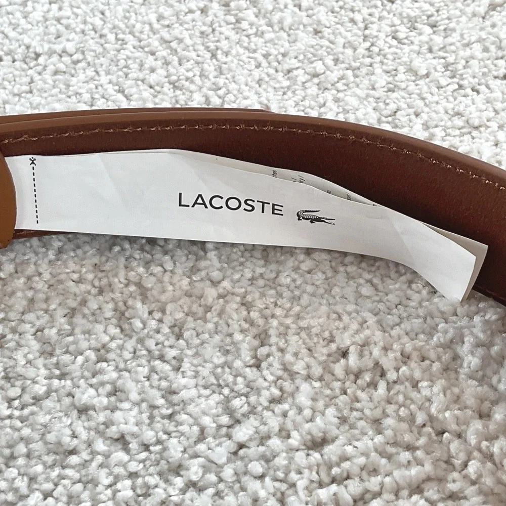 Lacoste Mens RC3011 Tan Brown Genuine Leather Belt Size 30 Crocodile Logo NEW‎